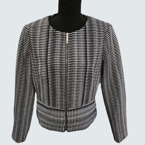 DKNY Black White Striped Zip Front Jacket Career Office Blazer Women's EUC